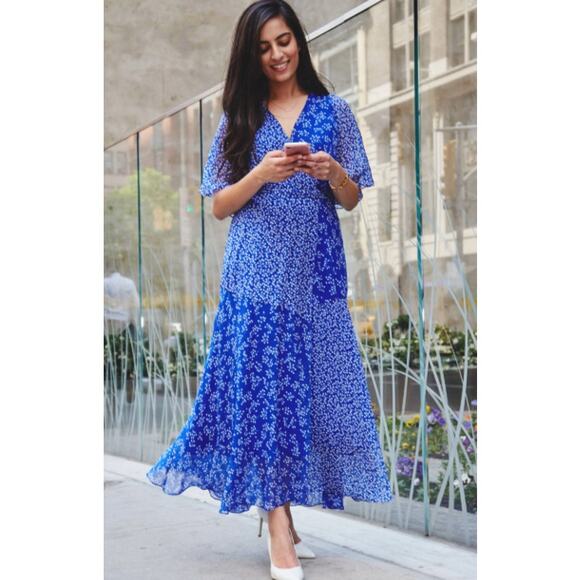 L.K. Bennett London Elif Floaty Silk Faux Wrap Midi Dress Blue Size 10 - Picture 1 of 13
